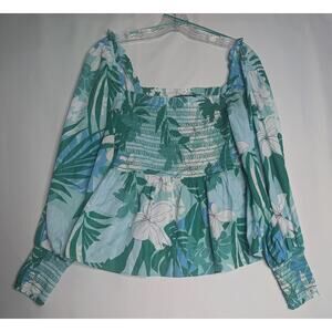 BOSTON PROPER Palm Print Isabela Smocked Peplum Blouse green blue size Medium